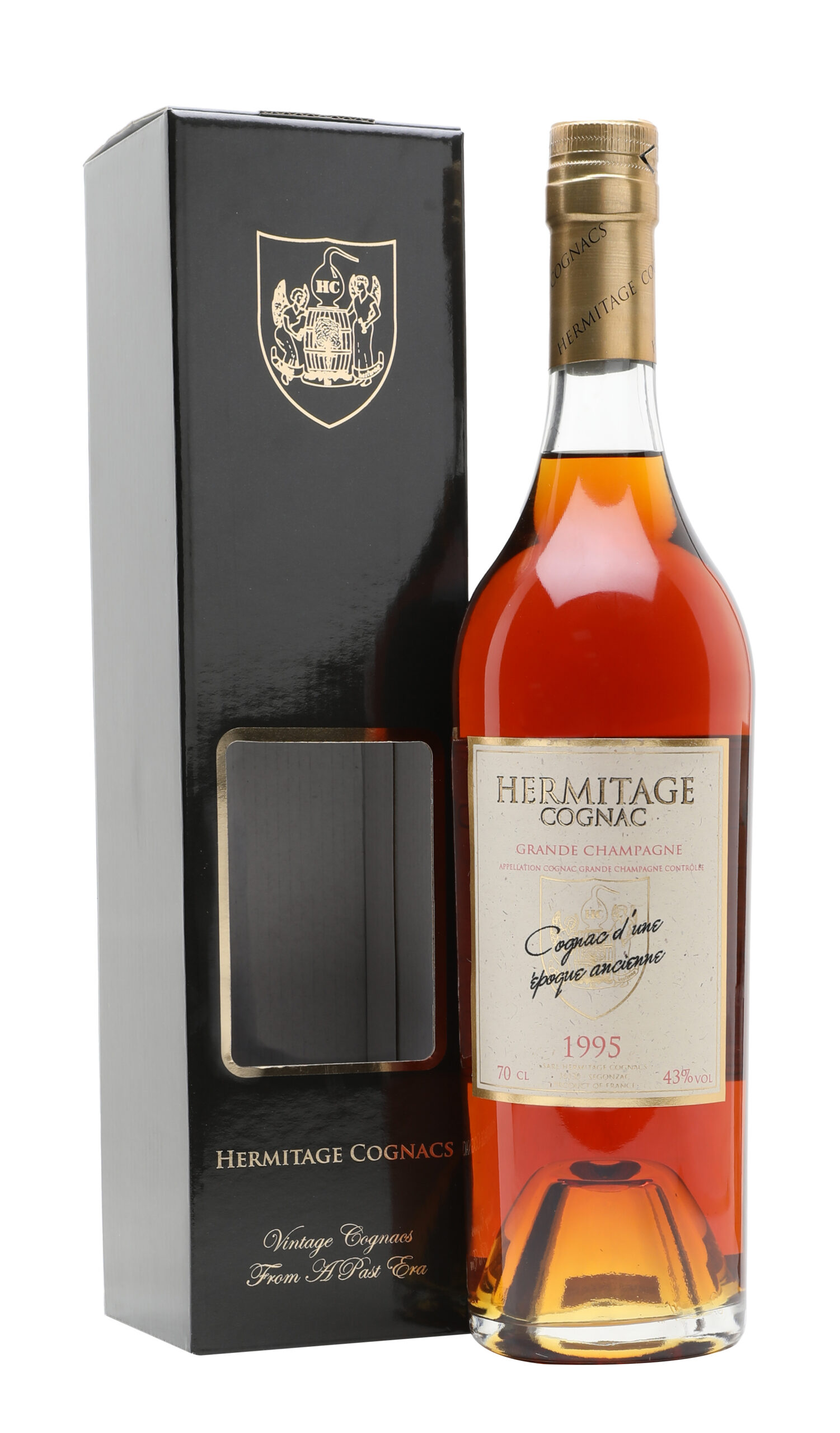 Hermitage 1995 Grande Champagne Cognac bottle with elegant box, showcasing premium packaging for luxury spirits collectors.